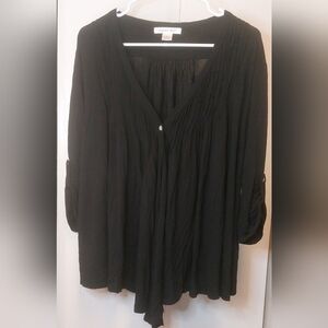 August Silk Black Pleated Cardigan Size M Three Quarter Sleeve Flowy Office Boho